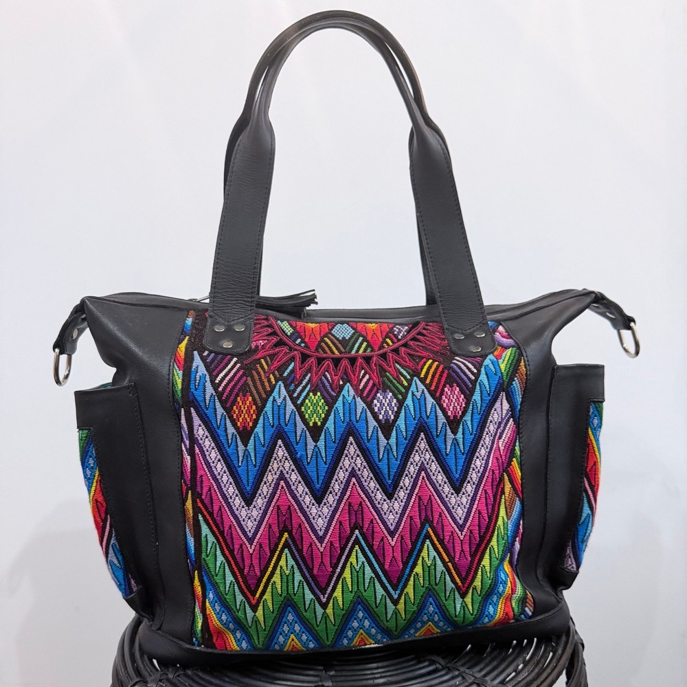 Amara Collective Huipil Leather Tote Bag Black Guatemalan Artisan Boho - Picture 3 of 11
